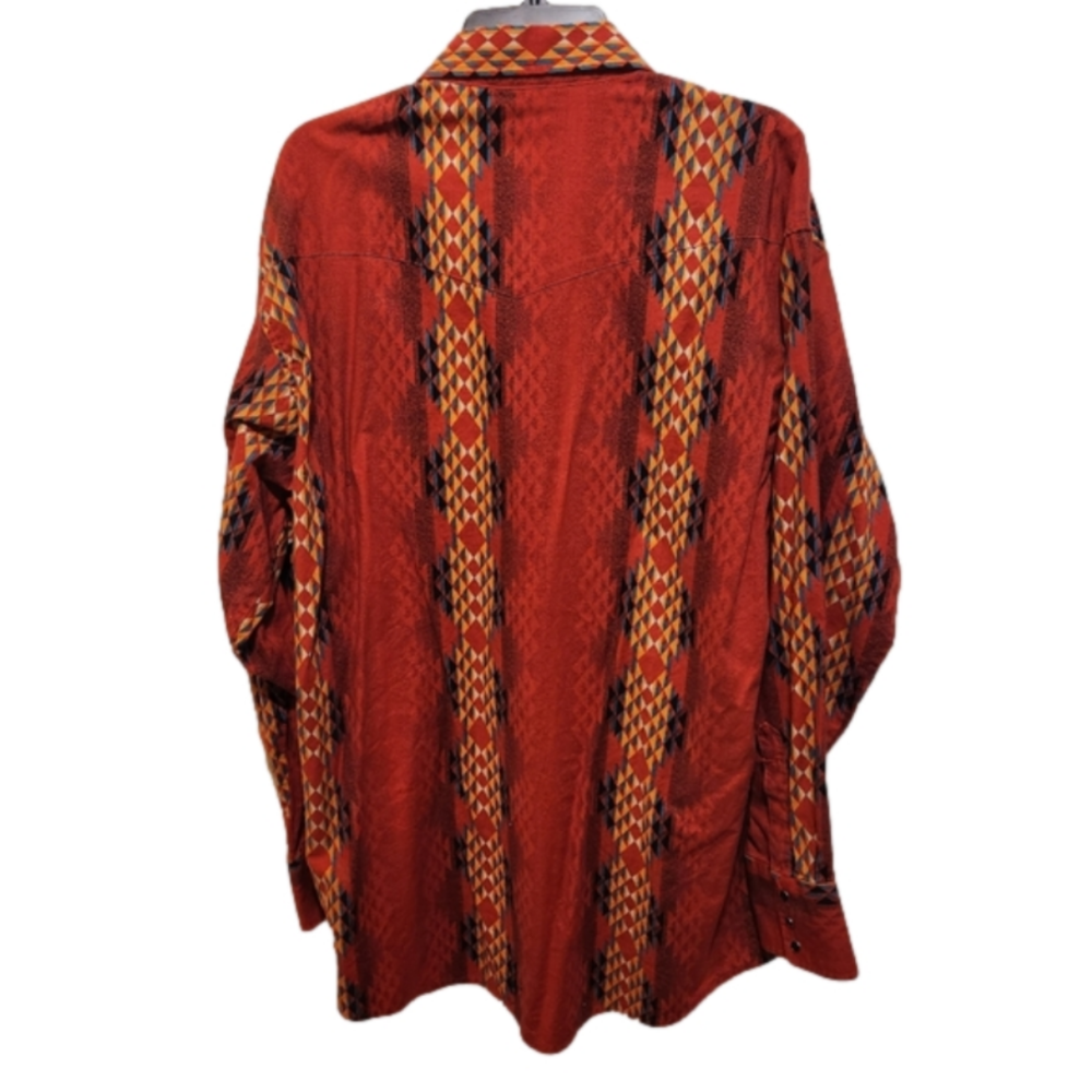 Vintage WRANGLER Red Geometric Aztex Western Shirt Pearl Snap Long Sleeve  XLT - Picture 2 of 10